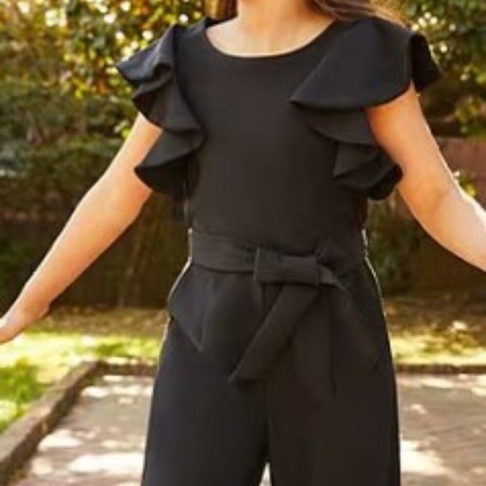 Big Girls Dressy Jumpsuit - Tie Front Tiered Ruffle Sleeve